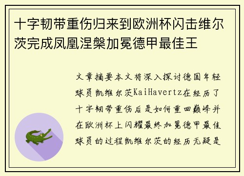 十字韧带重伤归来到欧洲杯闪击维尔茨完成凤凰涅槃加冕德甲最佳王 十字韧带重伤归来到欧洲杯闪击维尔茨完成凤凰涅槃加冕德甲最佳王